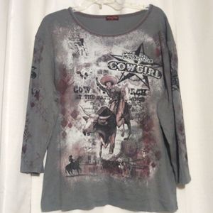 Flower N Ring Rodeo Cowgirl Novelty Print Embellished Top Sz 3X